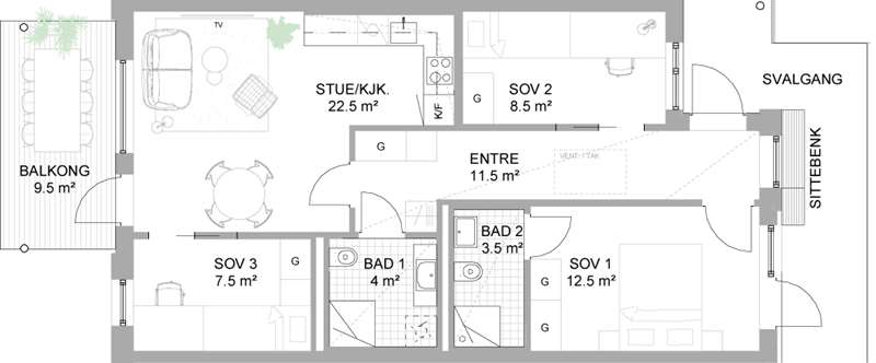 Standard planløsning: 4-roms leilighet

